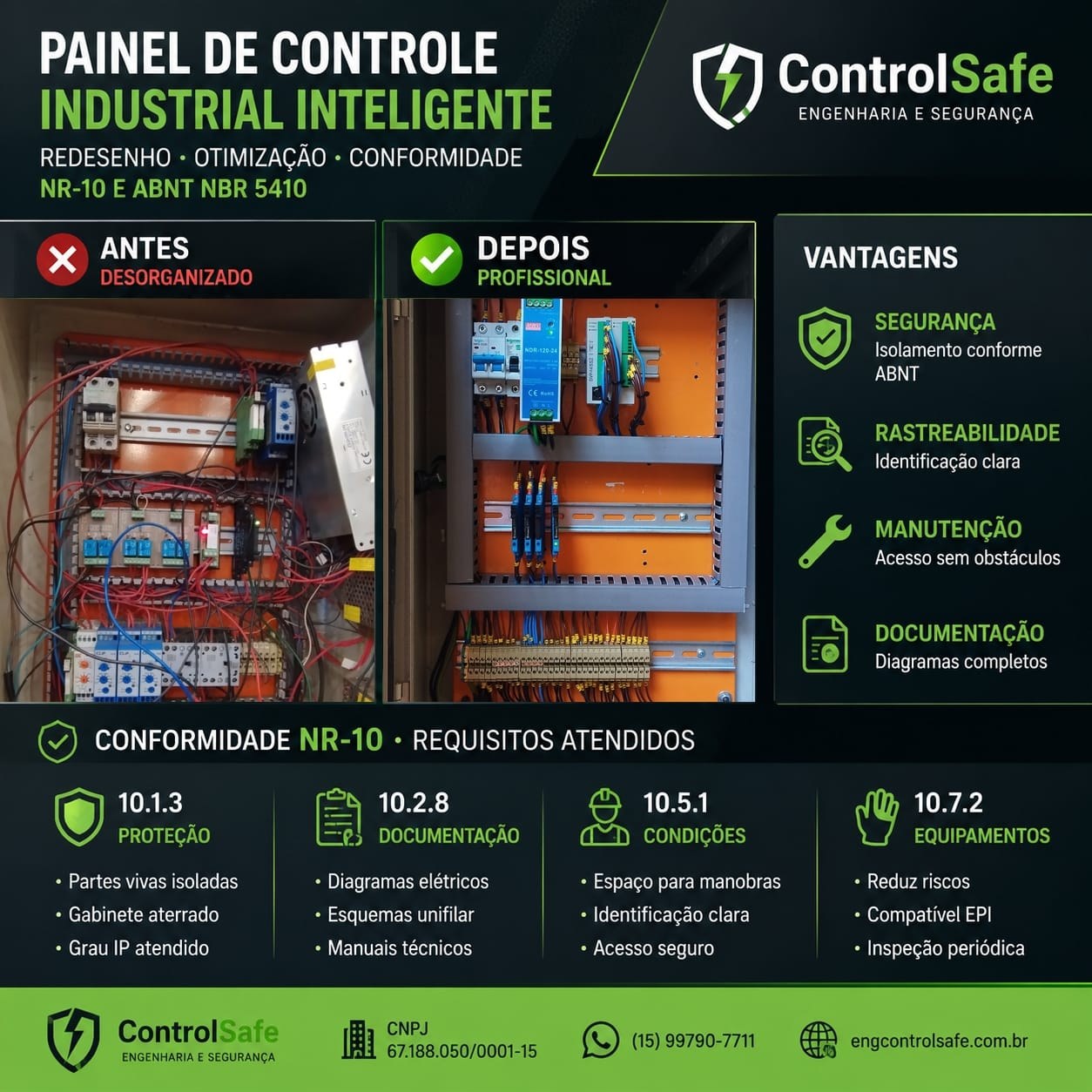 Peça informativa da ControlSafe sobre painel de controle industrial inteligente: comparação entre um painel desorganizado e um painel reorganizado, com os ganhos em segurança, rastreabilidade, manutenção e documentação, e os requisitos de NR-10 atendidos
